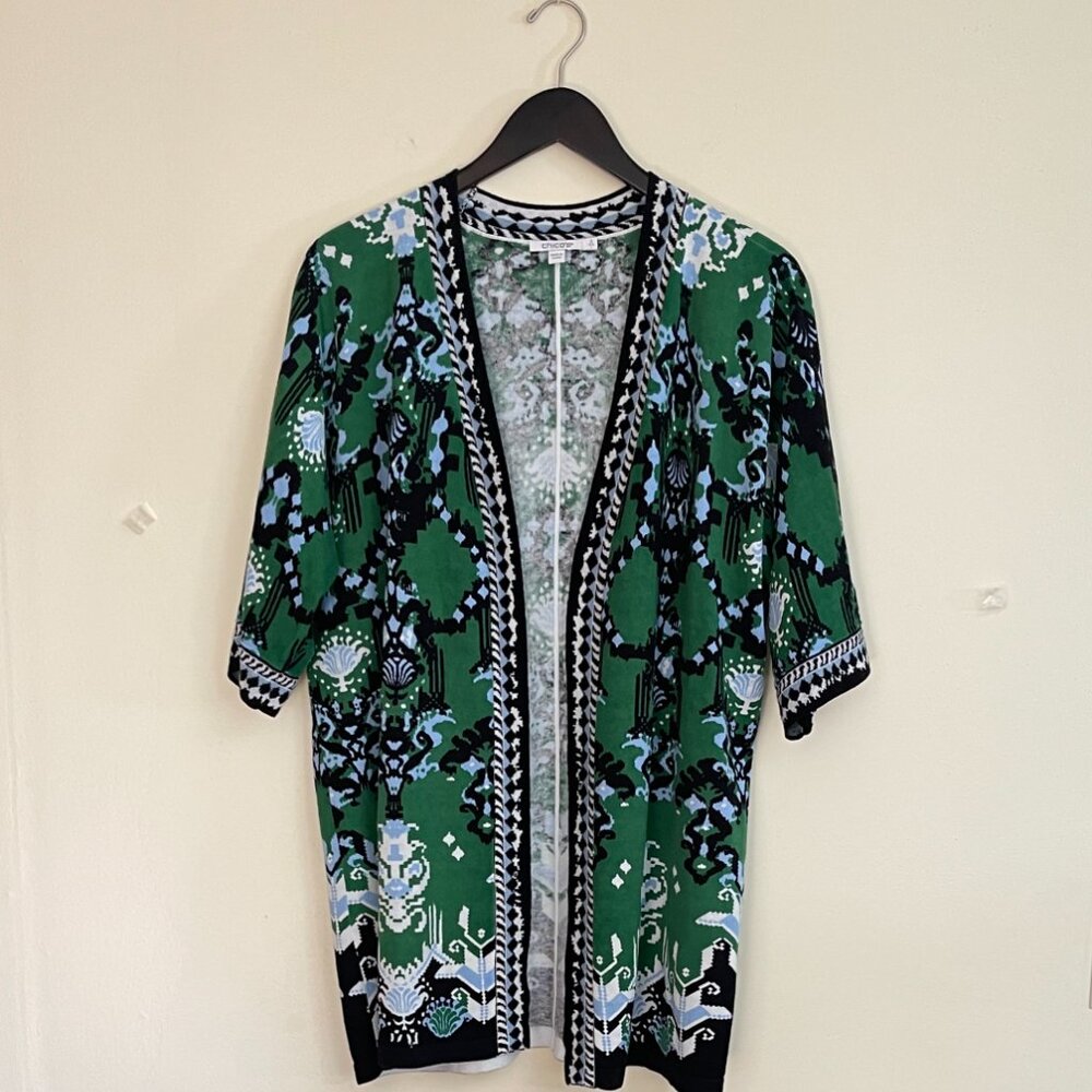 Chico's Open Front Linen Blend Cardigan Tribal Bohemian Print Green Black, Large - Picture 6 of 10